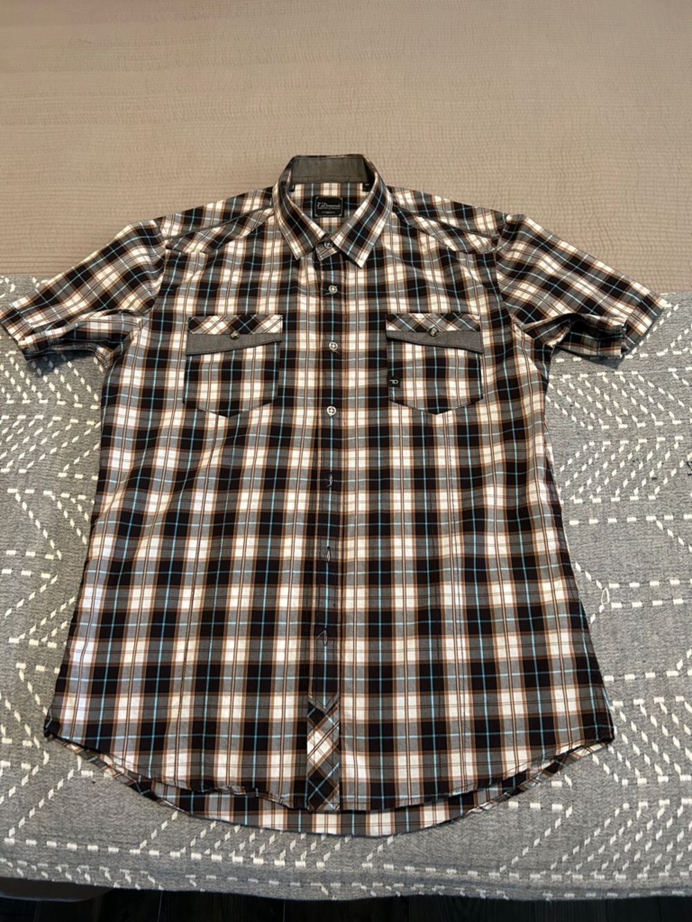 7 Diamonds Brown Black White Plaid Short Sleeve Button-Down Shirt